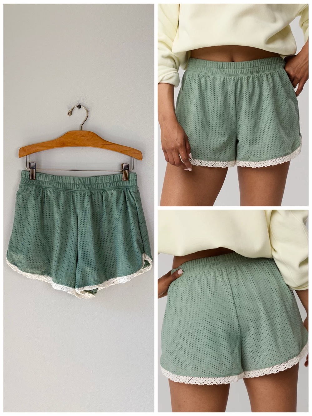 OFFLINE By Aerie Mesh Lace Trim Shorts in Hiker Green Athleisure Delicate